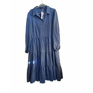 NEW Blue Long Sleeve Casual V Neck Button Down Tiered Maxi Dress 2X